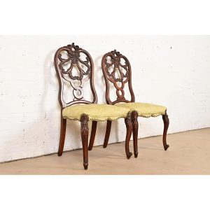 Romweber Antique French Provincial Louis XV Carved Walnut Side Chairs or Dining Chairs, Pair
