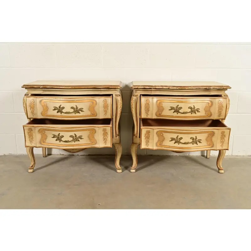 John Widdicomb Italian Rococo Louis XV Cream Lacquered and Gold Gilt Bedside Chests, Pair - Image 5