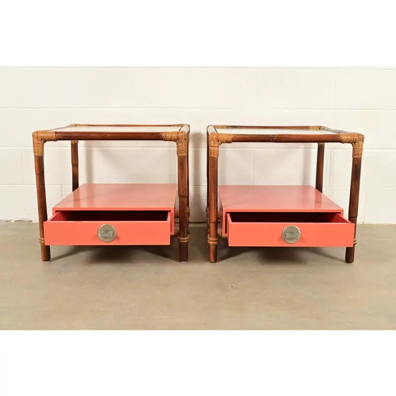John Wisner for Ficks Reed Mid-Century Hollywood Regency Bamboo Rattan Glass Top Side Tables, Pair - Image 5