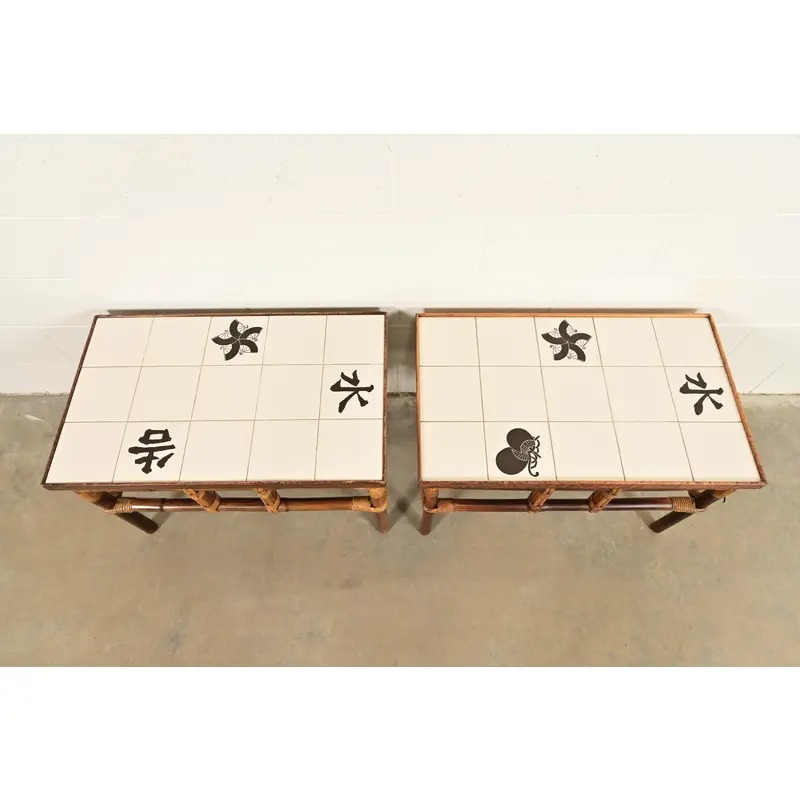 John Wisner for Ficks Reed Mid-Century Hollywood Regency Bamboo Rattan Tile Top Side Tables, 1950s - Image 5