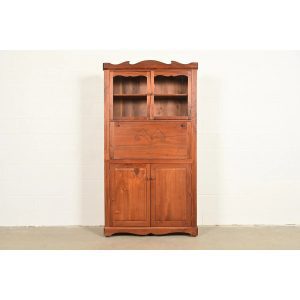 English Country Farmhouse Studio Crafted Carved Walnut Drop Front Secretary Desk With Bookcase