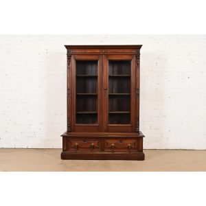 Herter Brothers Style Antique Eastlake Victorian Carved Walnut and Burl Wood Bookcase, Circa 1880s