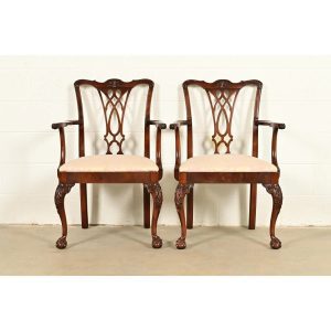 Baker Furniture Style Chippendale Carved Mahogany Armchairs, Pair