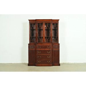 Baker Furniture Style Georgian Banded Mahogany Breakfront Bookcase Cabinet With Drop Front Secretary Desk