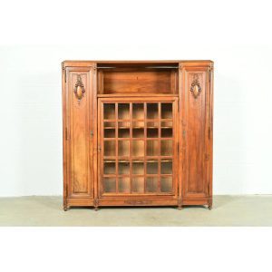 Louis Majorelle Style Antique French Art Nouveau Carved Burled Walnut Bibliotheque Bookcase Cabinet, Circa 1900