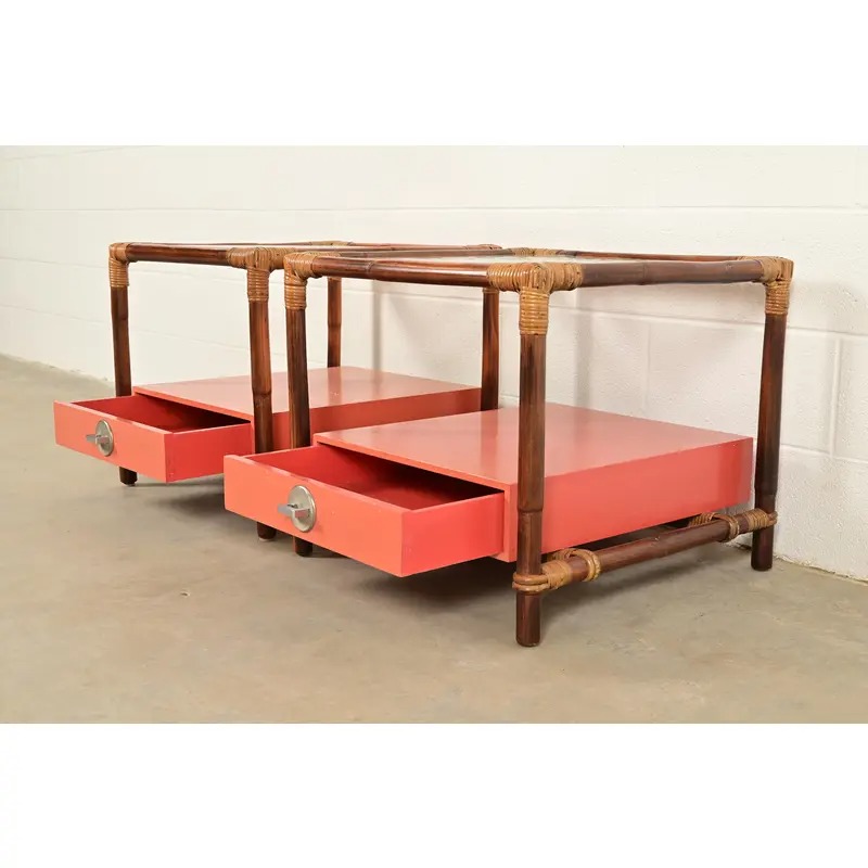 John Wisner for Ficks Reed Mid-Century Hollywood Regency Bamboo Rattan Glass Top Side Tables, Pair - Image 6