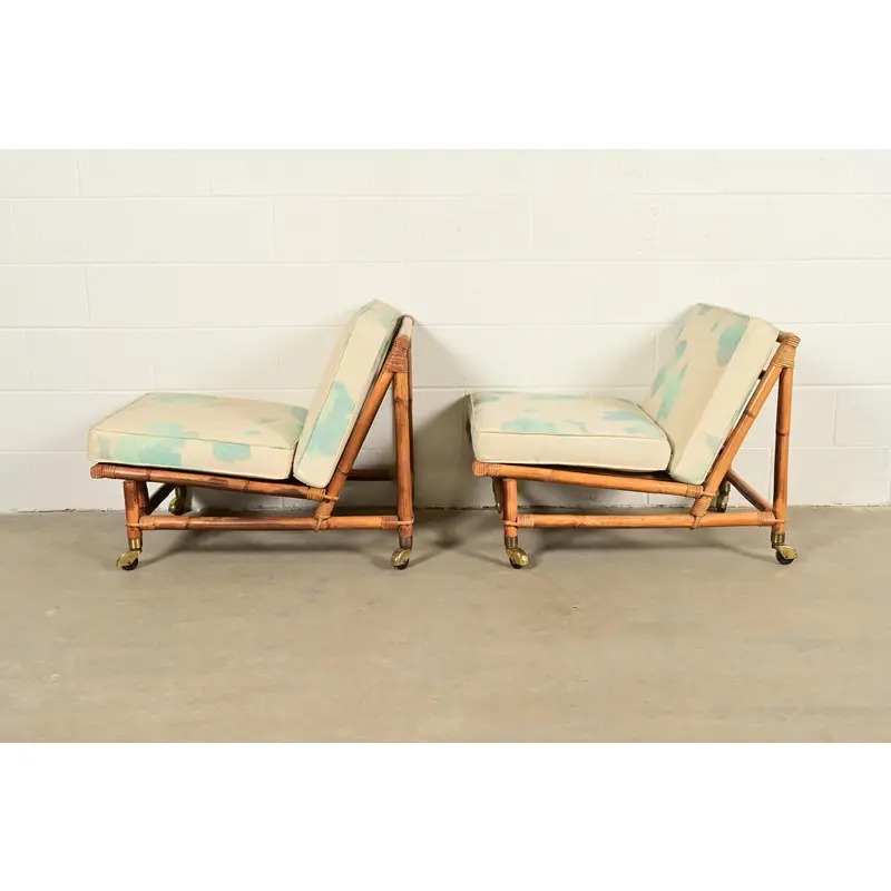 John Wisner for Ficks Reed Mid-Century Hollywood Regency Bamboo Rattan Lounge Chairs, Pair - Image 6
