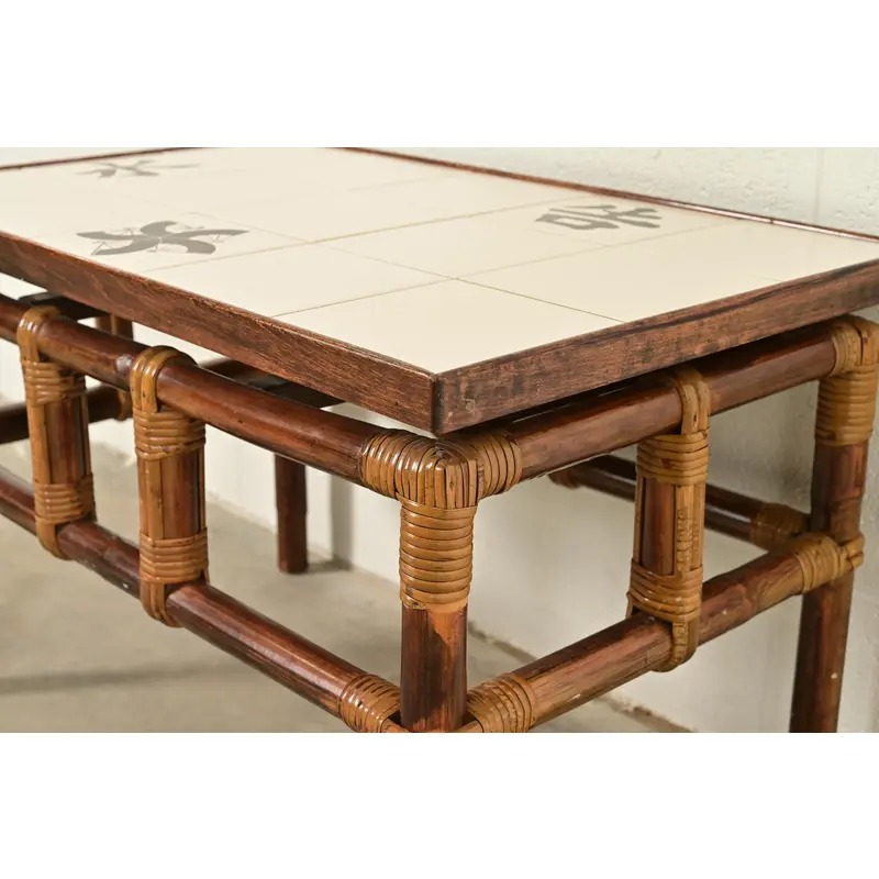 John Wisner for Ficks Reed Mid-Century Hollywood Regency Bamboo Rattan Tile Top Side Table, 1950s - Image 6