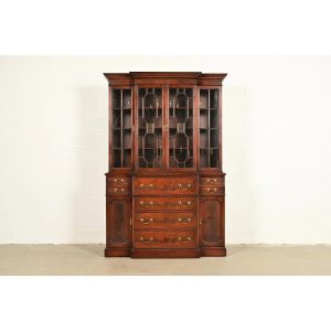 Baker Furniture Style Georgian Flame Mahogany Breakfront Bookcase Cabinet With Drop Front Secretary Desk