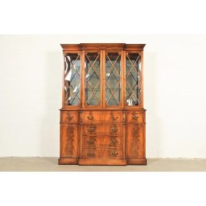 Baker Furniture Style Regency Flame Mahogany Lighted Breakfront Bookcase Cabinet With Drop Front Secretary Desk, Circa 1940s