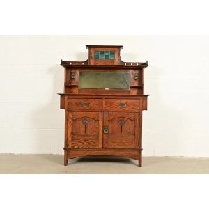 Liberty & Co. Antique English Arts & Crafts Oak Sideboard With Stained Glass Door, Circa 1900