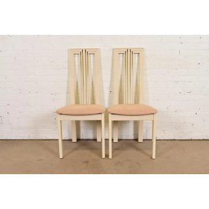 Italian Modern Cream Lacquered High Back Side Chairs or Dining Chairs, Pair