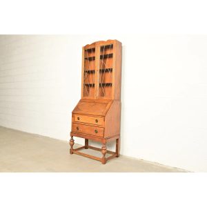 Antique English Art Deco Carved Oak Drop Front Secretary Desk With Leaded Glass Bookcase Hutch
