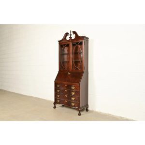 Chippendale Flame Mahogany Drop Front Secretary Desk With Lighted Bookcase Hutch by Jasper Cabinet Co.