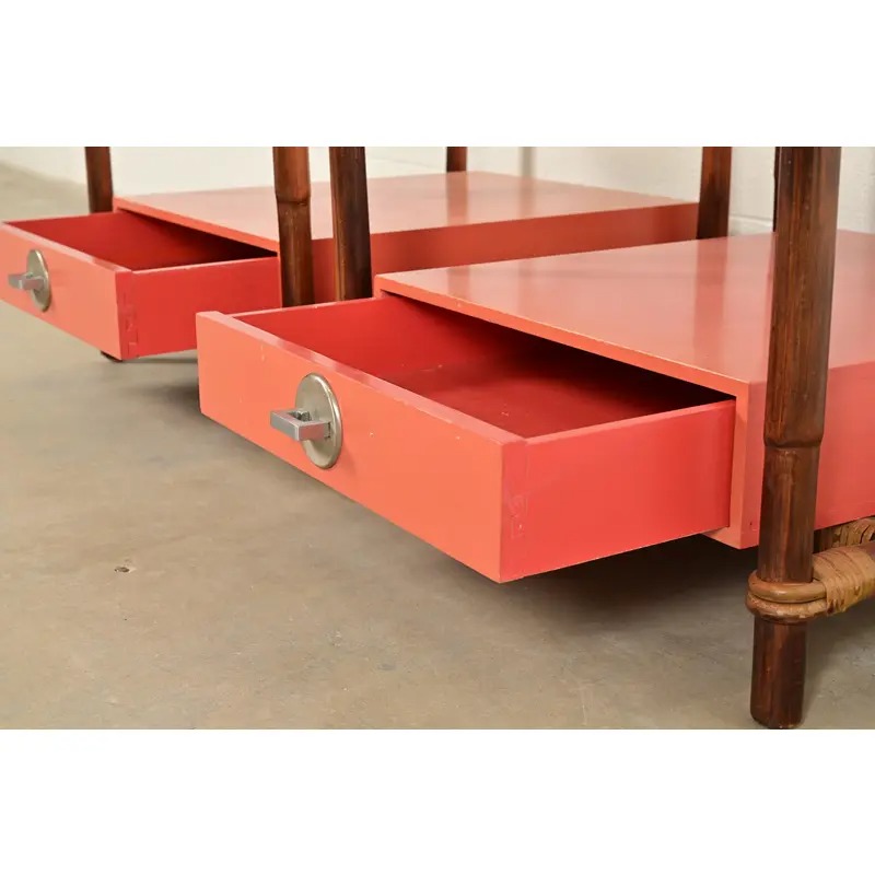 John Wisner for Ficks Reed Mid-Century Hollywood Regency Bamboo Rattan Glass Top Side Tables, Pair - Image 7