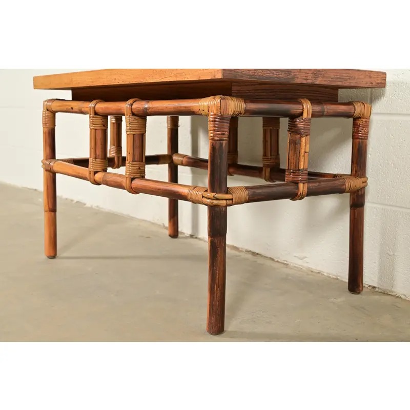 John Wisner for Ficks Reed Mid-Century Hollywood Regency Bamboo Rattan Tile Top Side Table, 1950s - Image 7