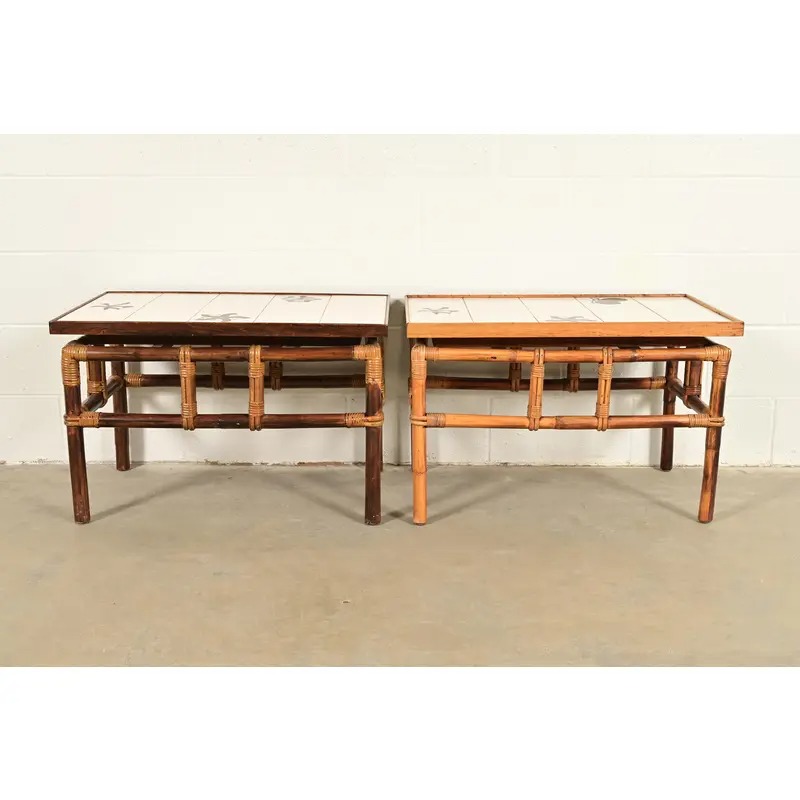John Wisner for Ficks Reed Mid-Century Hollywood Regency Bamboo Rattan Tile Top Side Tables, 1950s - Image 7
