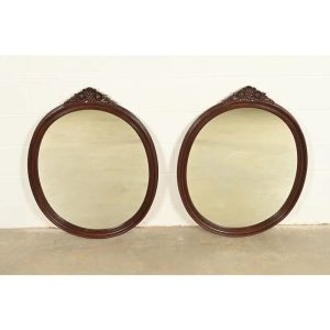 Romweber Style Antique Victorian Carved Mahogany Oval Wall Mirrors, Pair