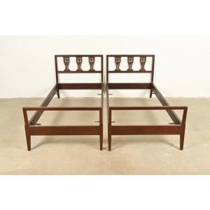 Baker Furniture Style Antique Italian Neoclassical Carved Walnut Twin Size Beds, Pair