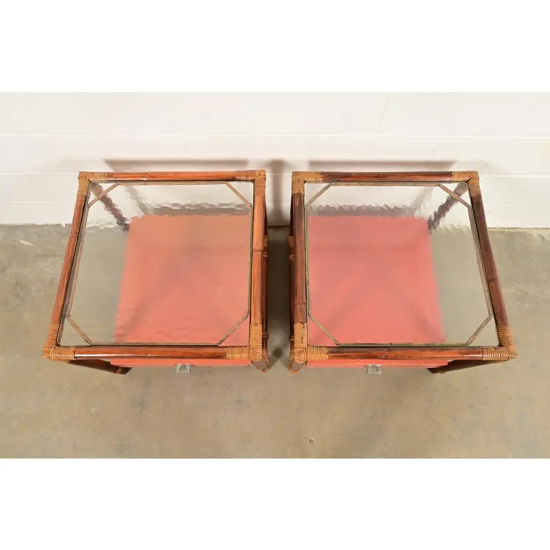 John Wisner for Ficks Reed Mid-Century Hollywood Regency Bamboo Rattan Glass Top Side Tables, Pair - Image 8