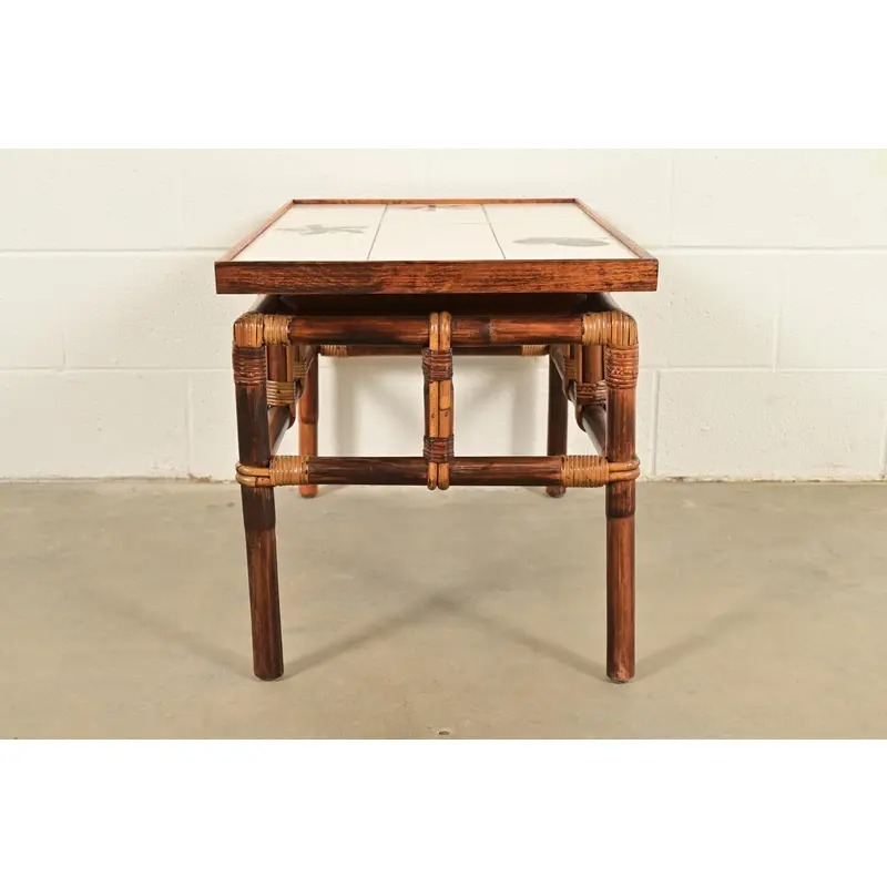 John Wisner for Ficks Reed Mid-Century Hollywood Regency Bamboo Rattan Tile Top Side Table, 1950s - Image 8