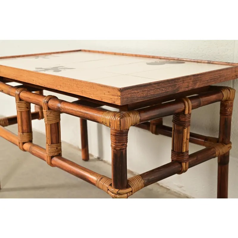 John Wisner for Ficks Reed Mid-Century Hollywood Regency Bamboo Rattan Tile Top Side Tables, 1950s - Image 8