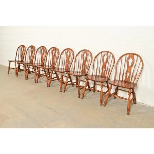 Ethan Allen Style American Colonial Solid Oak Spindle Back Windsor Dining Chairs, Set of Eight