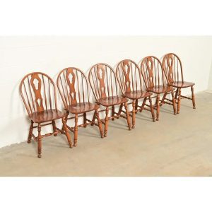 Ethan Allen Style American Colonial Solid Oak Spindle Back Windsor Dining Chairs, Set of Six