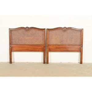 Henredon French Provincial Louis XV Carved Walnut and Cane Twin Size Headboards, Pair