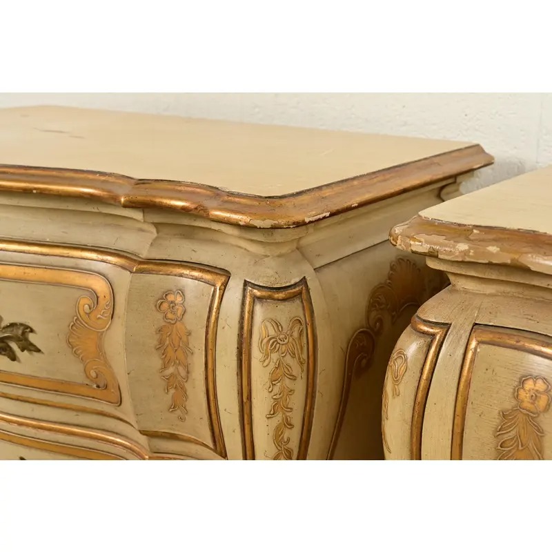 John Widdicomb Italian Rococo Louis XV Cream Lacquered and Gold Gilt Bedside Chests, Pair - Image 9