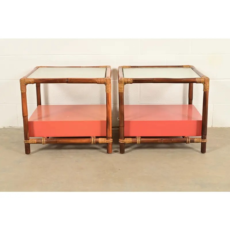 John Wisner for Ficks Reed Mid-Century Hollywood Regency Bamboo Rattan Glass Top Side Tables, Pair - Image 9