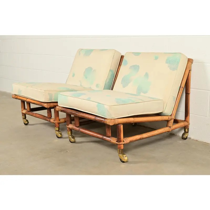 John Wisner for Ficks Reed Mid-Century Hollywood Regency Bamboo Rattan Lounge Chairs, Pair