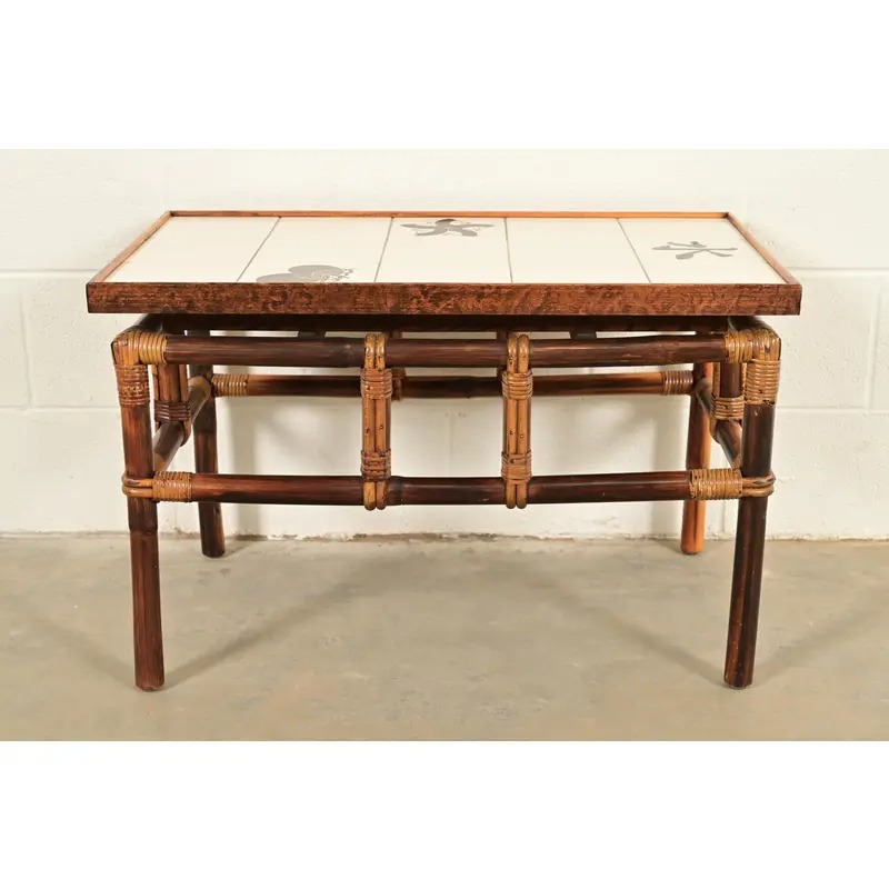 John Wisner for Ficks Reed Mid-Century Hollywood Regency Bamboo Rattan Tile Top Side Table, 1950s - Image 9