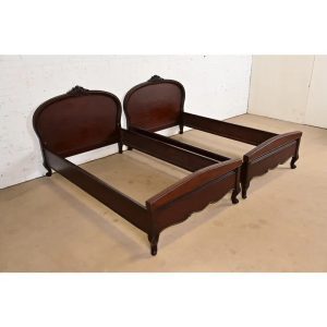 Romweber Style Antique French Provincial Louis XV Carved Mahogany Twin Beds, Pair