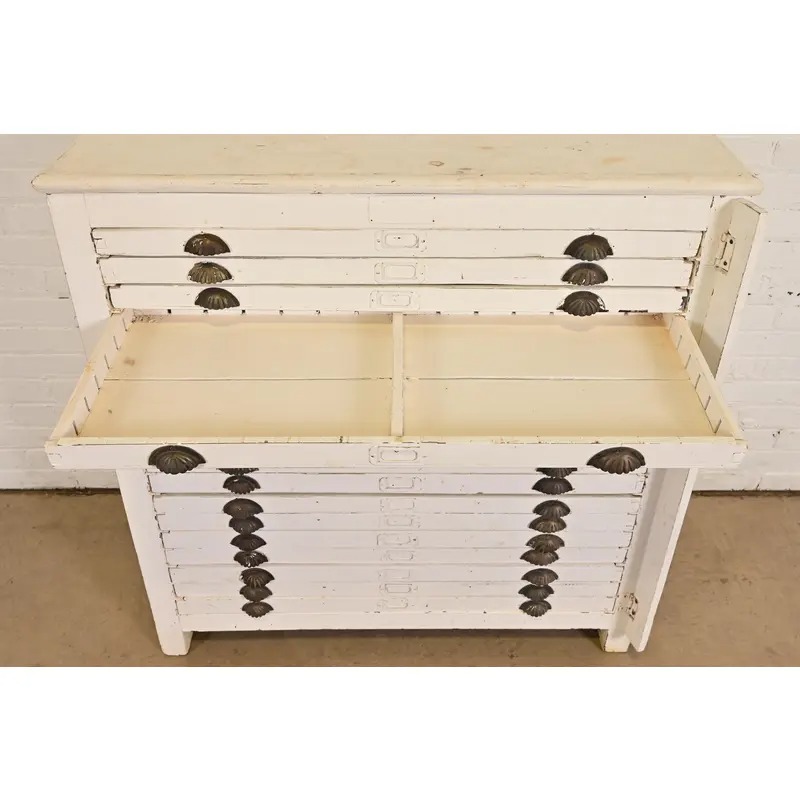 Antique Arts & Crafts White Painted 18-Drawer Flat File Printer's Cabinet, Circa 1900 - Image 10