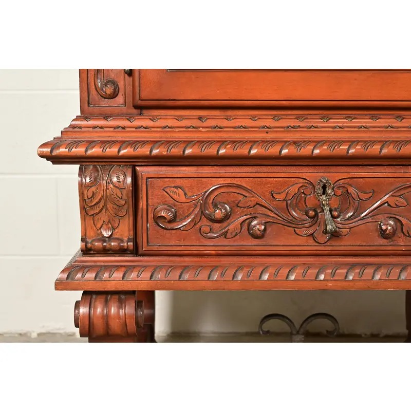 Antique Spanish Renaissance Revival Monumental Ornate Carved Walnut Sideboard or Bar Cabinet - Image 10