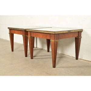 Baker Furniture French Regency Louis XVI Cherry, Burl Wood, and Brass Side Tables, Pair