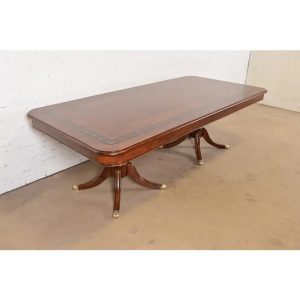Baker Furniture Style Italian Regency Inlaid Banded Burl Wood Double Pedestal Dining Table, Newly Restored