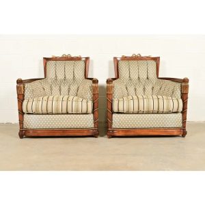 Grosfeld House French Regency Louis XVI Carved Walnut Bergere Armchairs, Pair