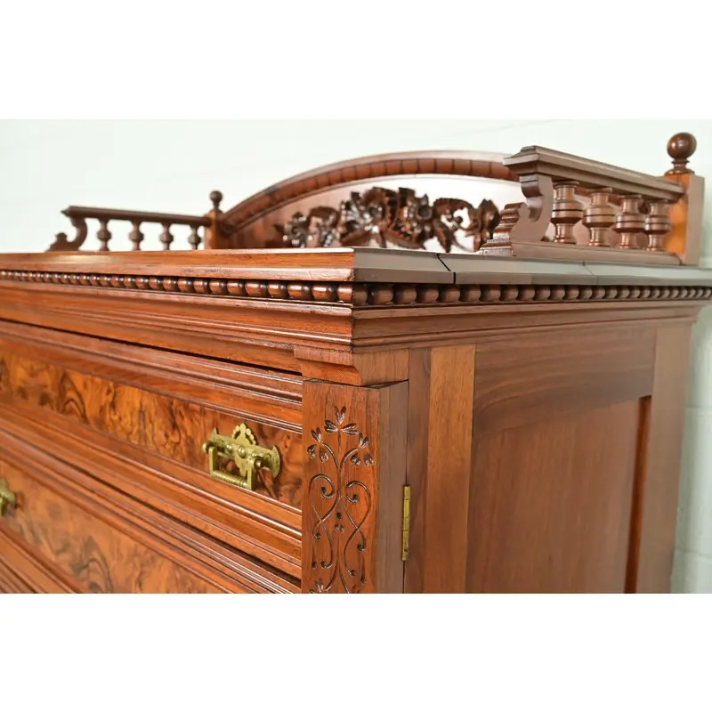 Herter Brothers Style Antique Eastlake Victorian Carved Walnut and Burl Wood Highboy Dresser, Circa 1880s - Image 10