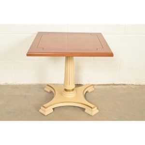 Hollywood Regency Cherry Wood and Cream Lacquered Pedestal Tea Table or Occasional Side Table by Mersman, Circa 1960s
