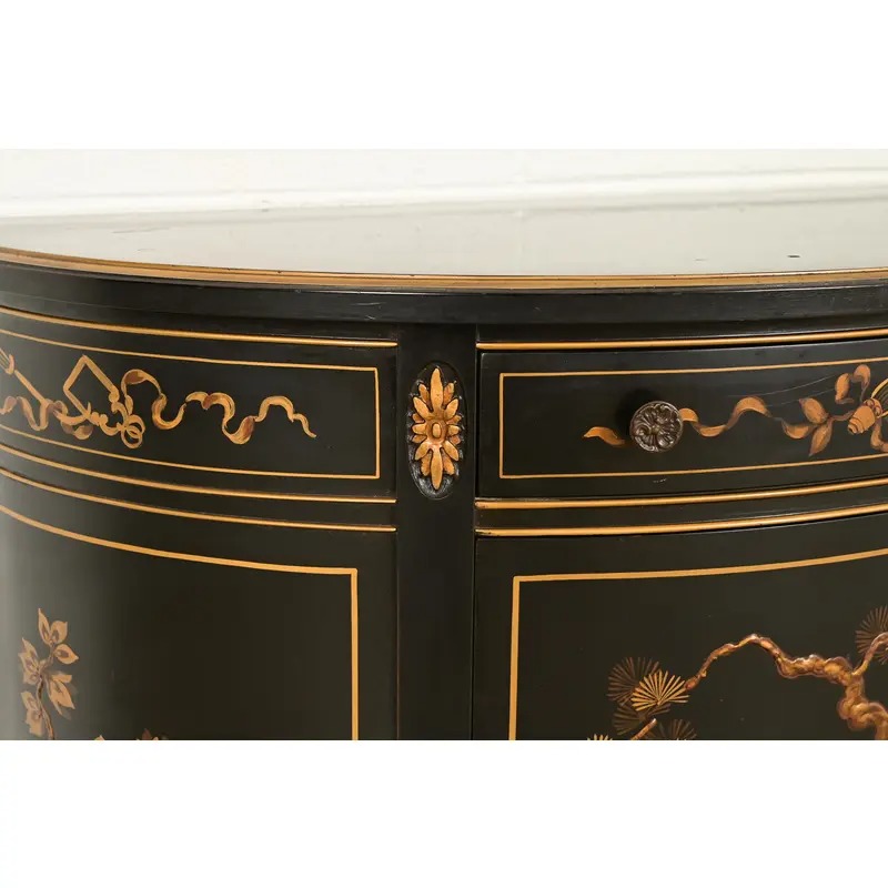 Imperial Furniture Grand Rapids French Regency Chinoiserie Black Lacquered Hand Painted Demilune Cabinet, Circa 1940s - Image 10