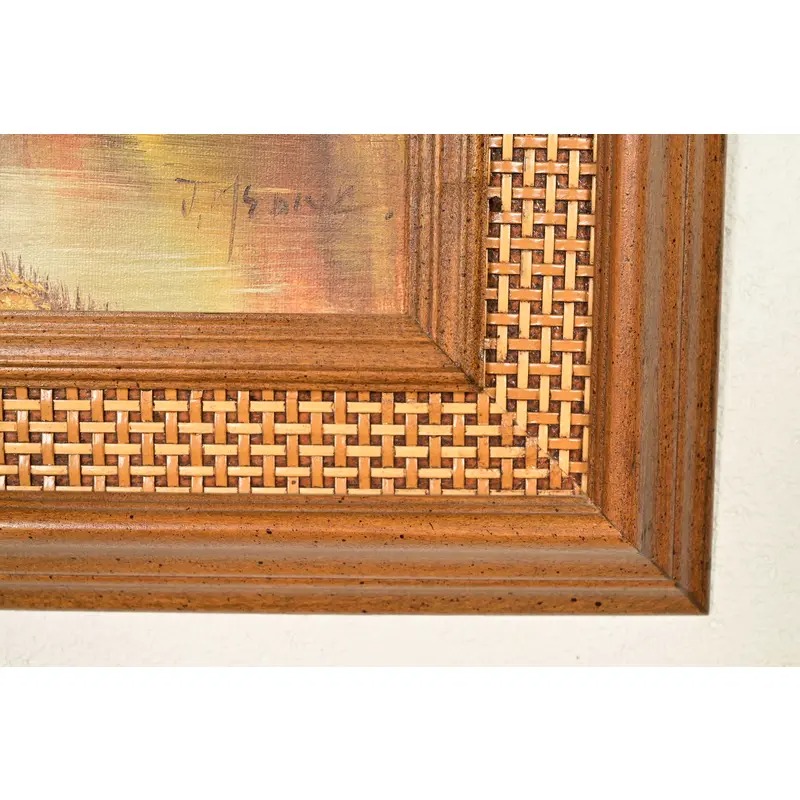 Original Artist Signed Oil Painting on Canvas Rural Landscape of "Covered Bridge" in Carved Walnut and Woven Rattan Frame - Image 10