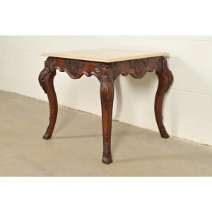 Ralph Lauren French Rococo Louis XV Carved Oak Marble Top Tea Table or Center Table