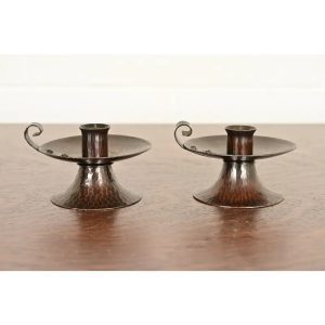 Roycroft Arts & Crafts Hammered Copper Handled Candlesticks, Pair
