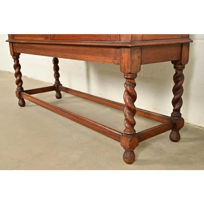 Stickley Brothers Style Antique Arts & Crafts Carved Oak Bookcase Cabinet With Leaded Glass Doors, Circa 1900 - Image 10