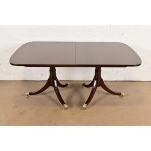 Stickley Georgian Banded Mahogany Double Pedestal Dining Table, Newly Refinished