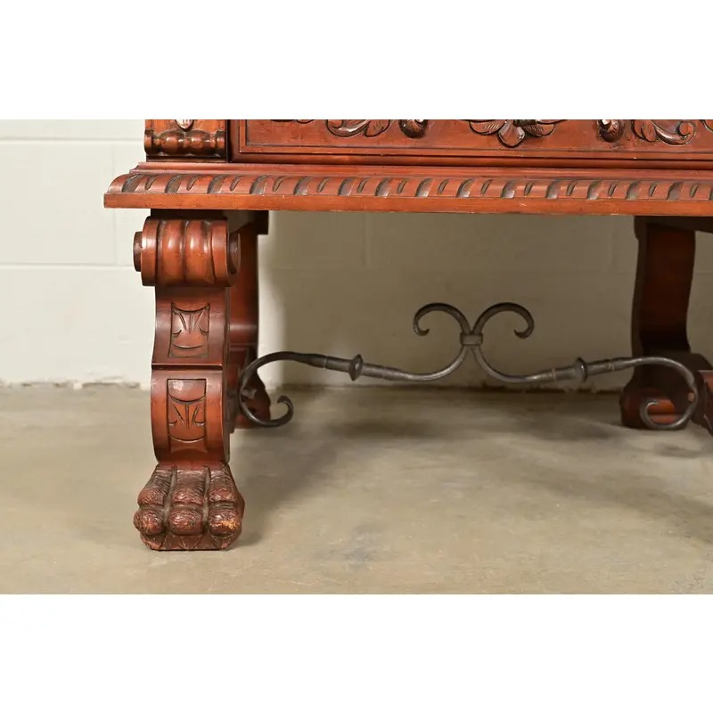 Antique Spanish Renaissance Revival Monumental Ornate Carved Walnut Sideboard or Bar Cabinet - Image 11