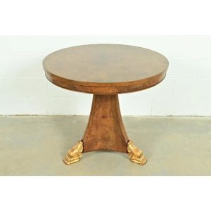Baker Furniture Style French Empire Burl Wood and Gold Gilt Pedestal Breakfast Table or Center Table