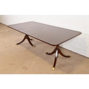 Baker Furniture Style Georgian Banded Mahogany Double Pedestal Extension Dining Table, Newly Refinished